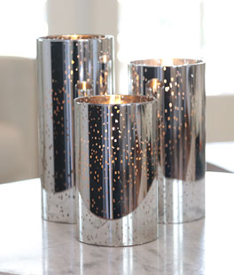 Silver Mercury Glass Moving Flame Pillar Candles - Set of 3 | 5,6,7 Inch With Remote